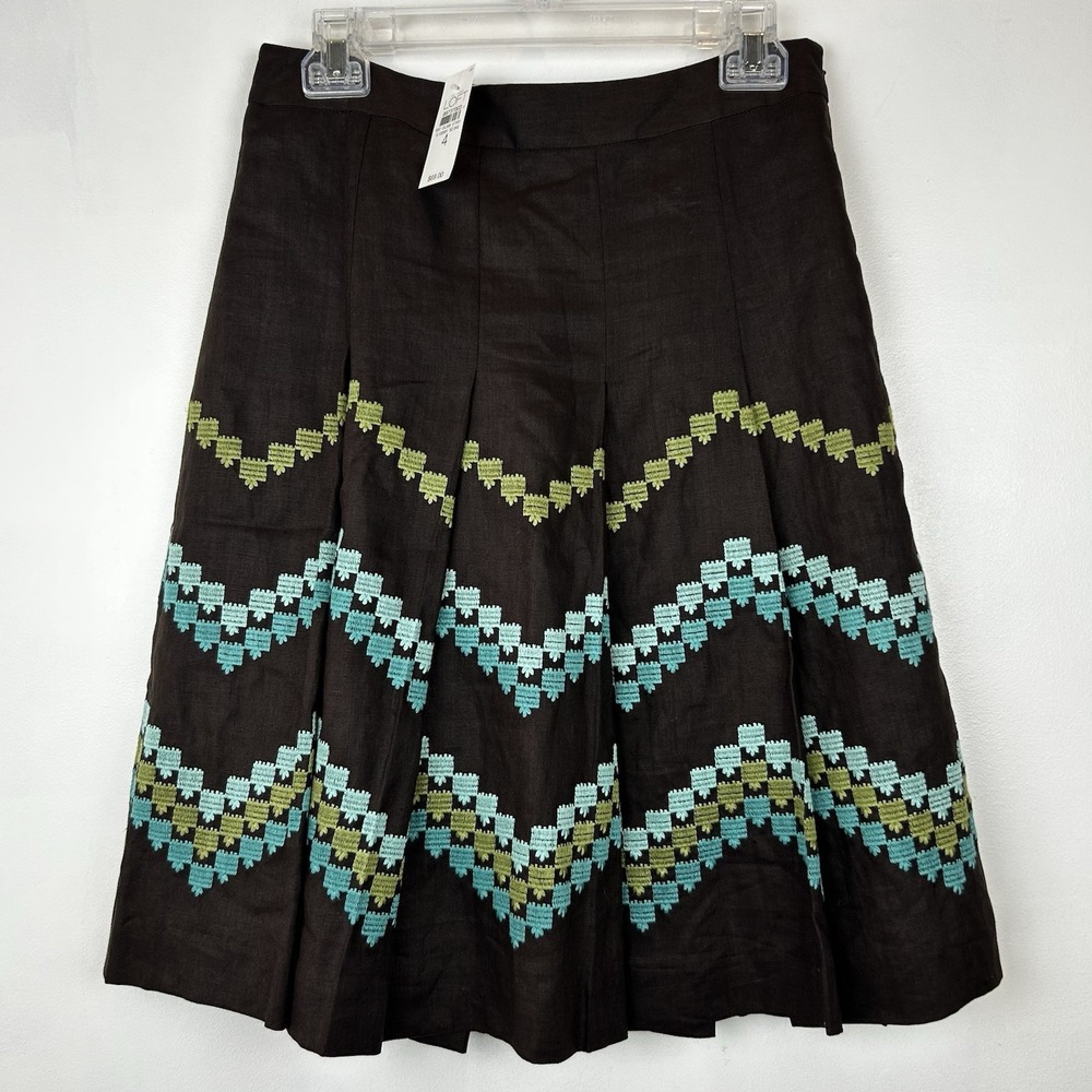 Ann Taylor Loft Skirt Women 4 Brown Linen Embroidered Short A Line Lined Career